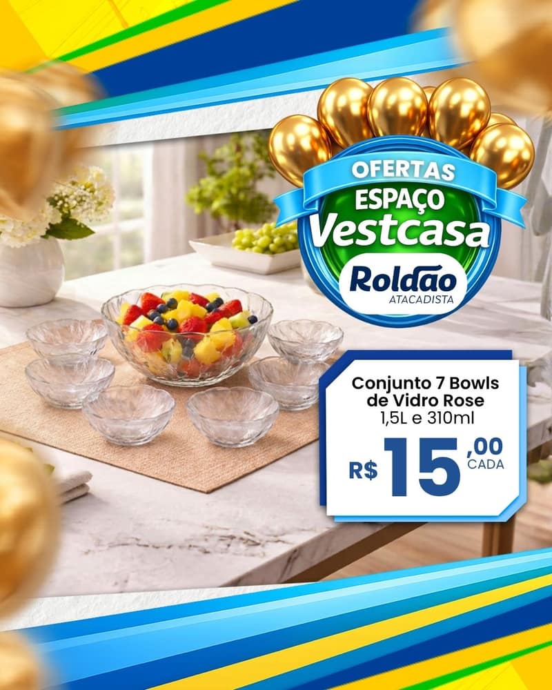 Oferta: Conjunto 7 Bowls de Vidro Rose 1,5L e 310 ml
